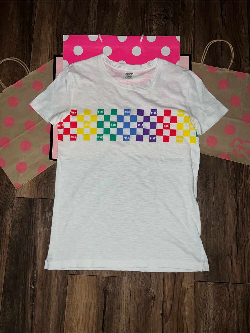 VS PINK Size XS Rainbow Checkered Logo Campus Tee. - Picture 2 of 6